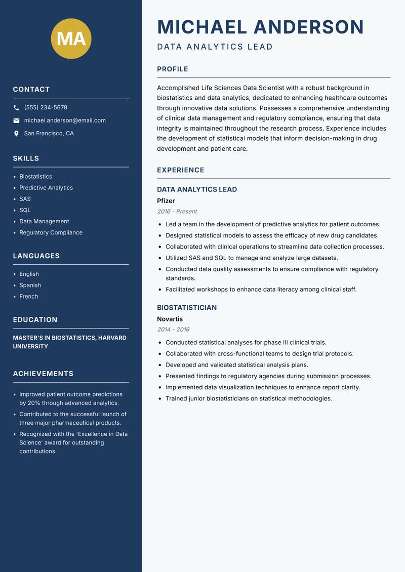 Life Sciences Data Scientist resume sample — Data Analytics Lead focus