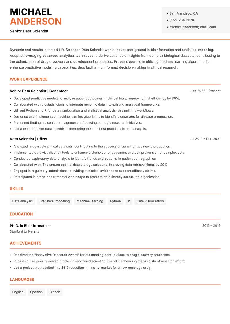 Life Sciences Data Scientist resume sample — Senior Data Scientist focus