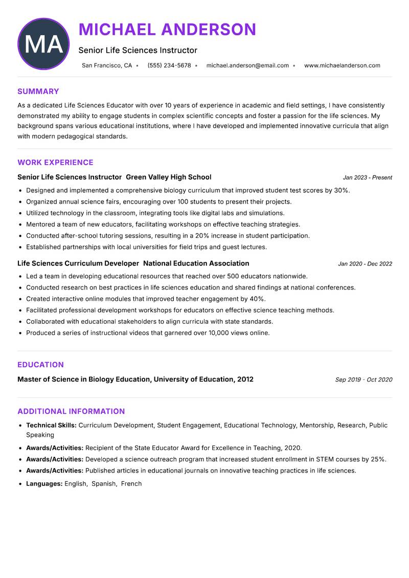 Life Sciences Educator resume example