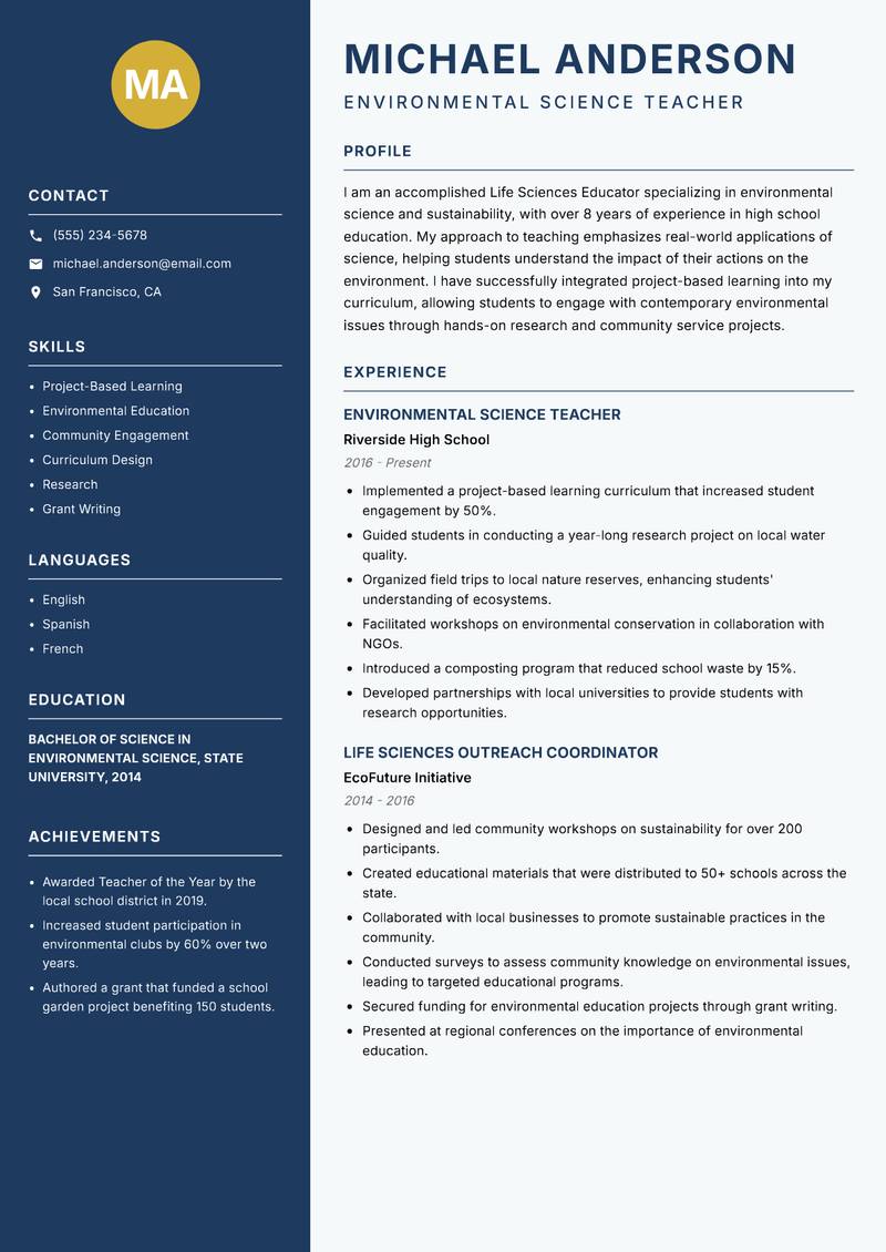 Life Sciences Educator resume sample — Environmental Science Teacher focus