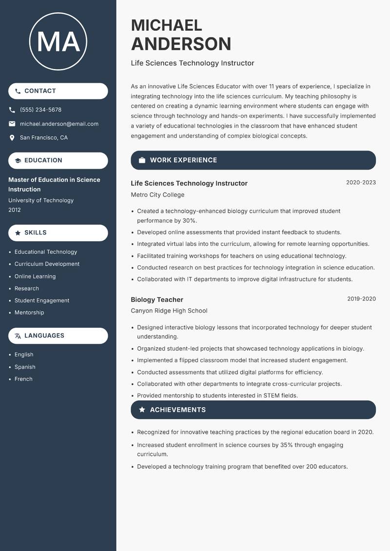 Life Sciences Educator resume sample — Life Sciences Technology Instructor focus