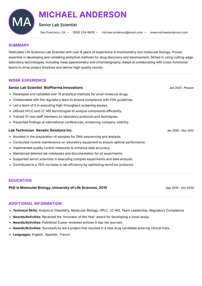 Life Sciences Lab Scientist resume example