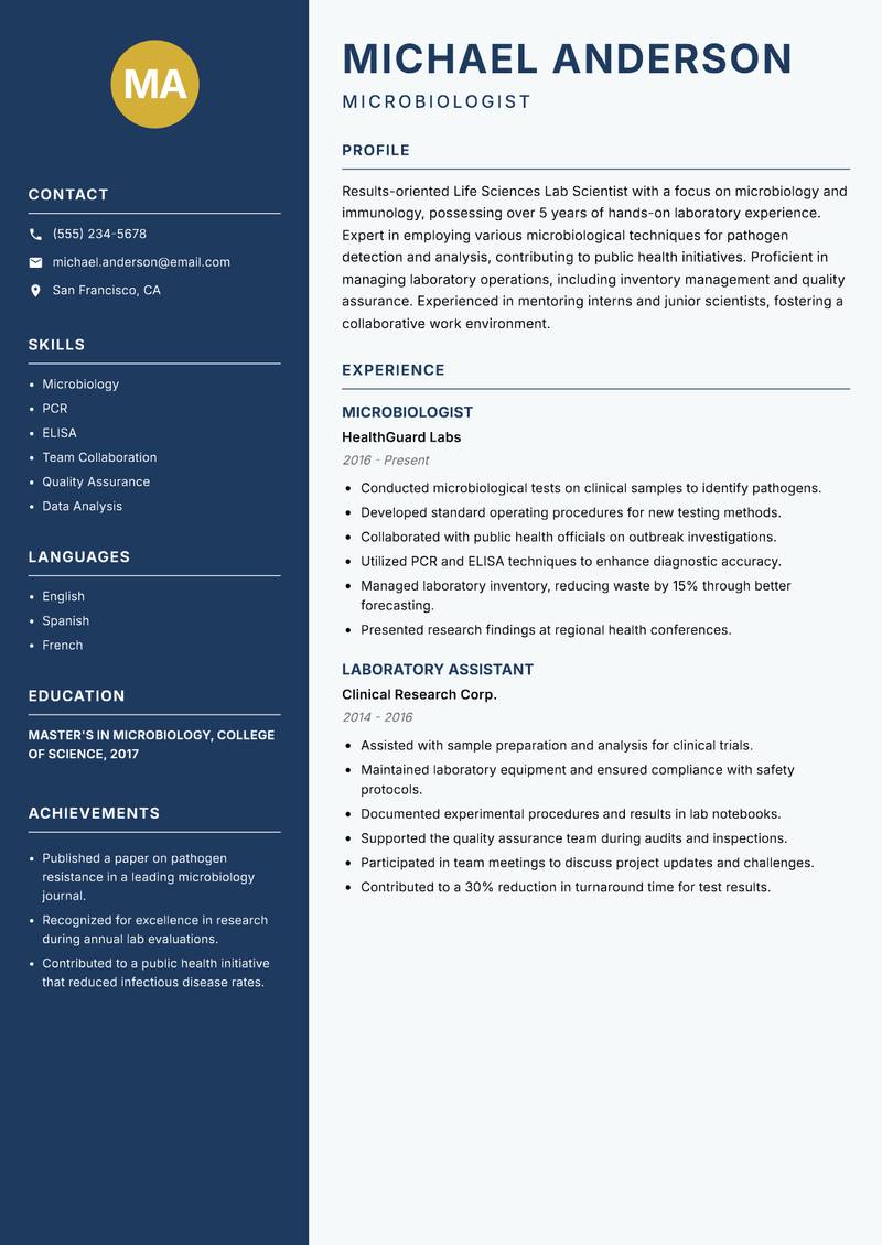 Life Sciences Lab Scientist resume sample — Microbiologist focus