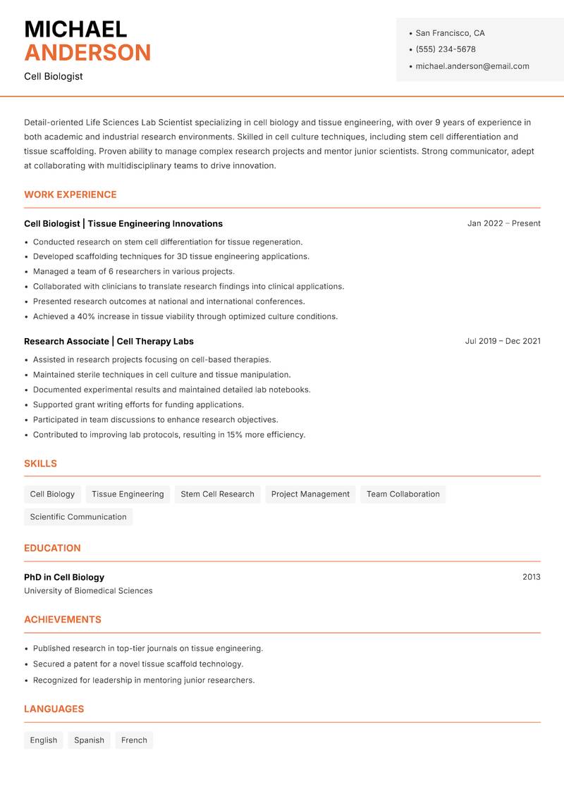 Life Sciences Lab Scientist resume sample — Cell Biologist focus