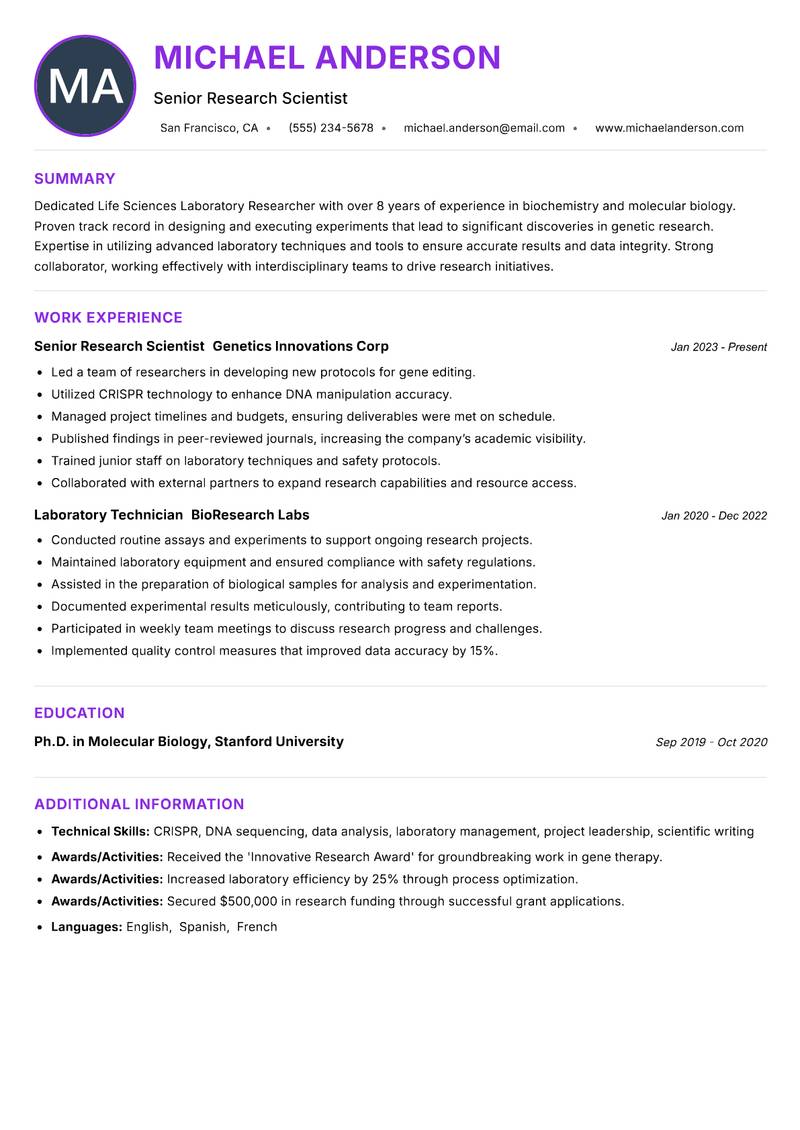 Life Sciences Laboratory Researcher resume example