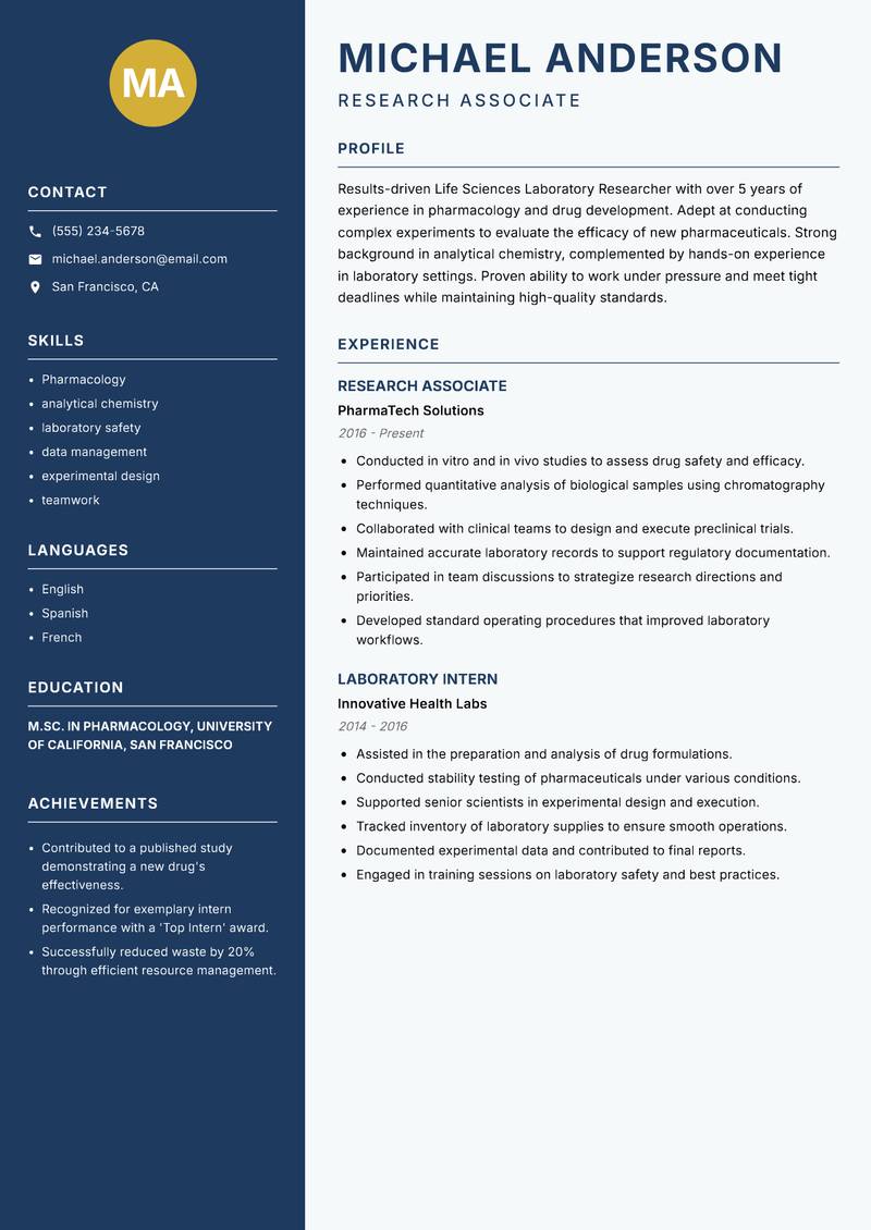 Life Sciences Laboratory Researcher resume sample — Research Associate focus