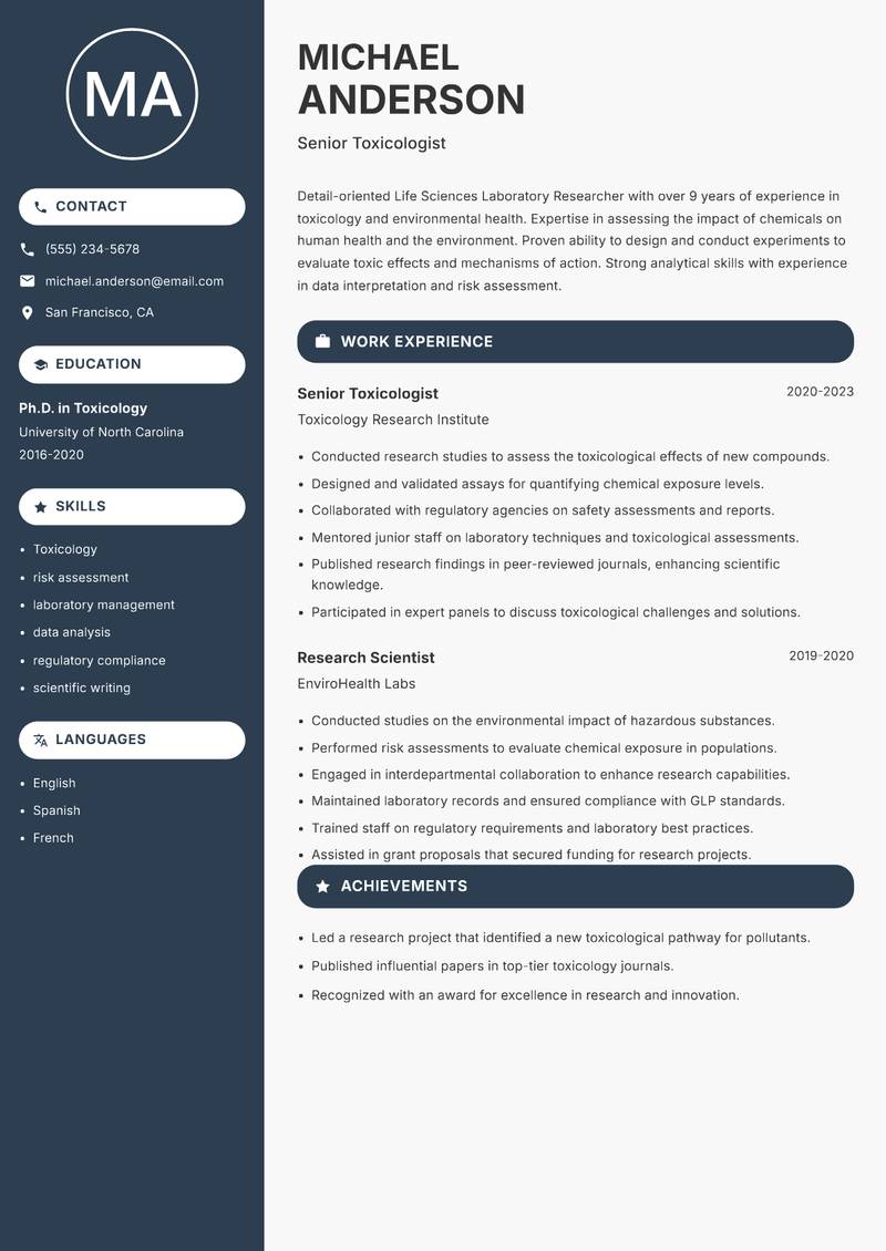 Life Sciences Laboratory Researcher resume sample — Senior Toxicologist focus