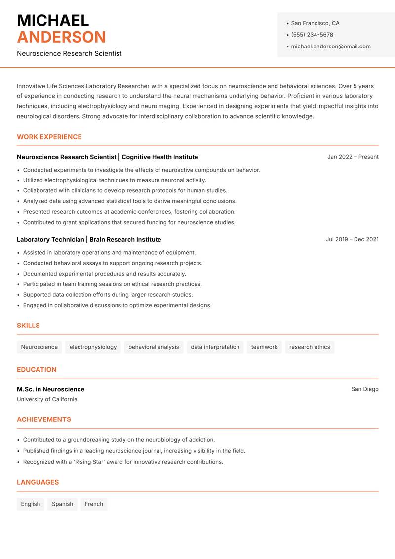 Life Sciences Laboratory Researcher resume sample — Neuroscience Research Scientist focus