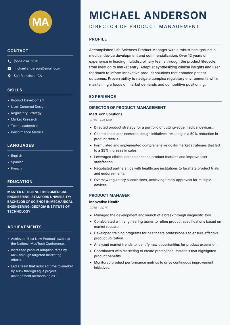 Life Sciences Product Manager resume sample — Director of Product Management focus