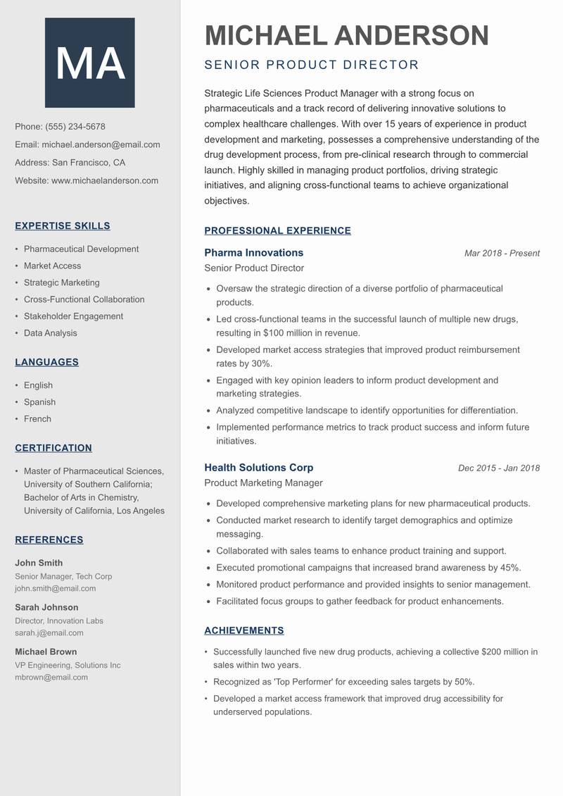 Life Sciences Product Manager resume sample — Senior Product Director focus