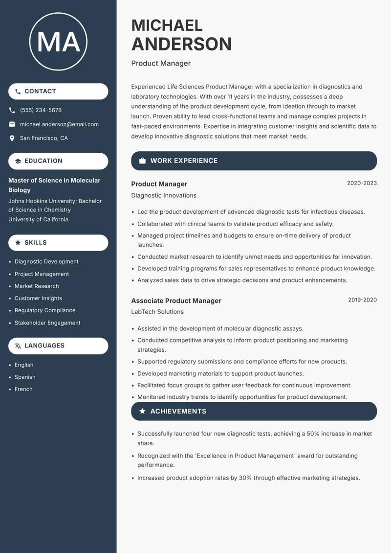 Life Sciences Product Manager resume sample — Product Manager focus