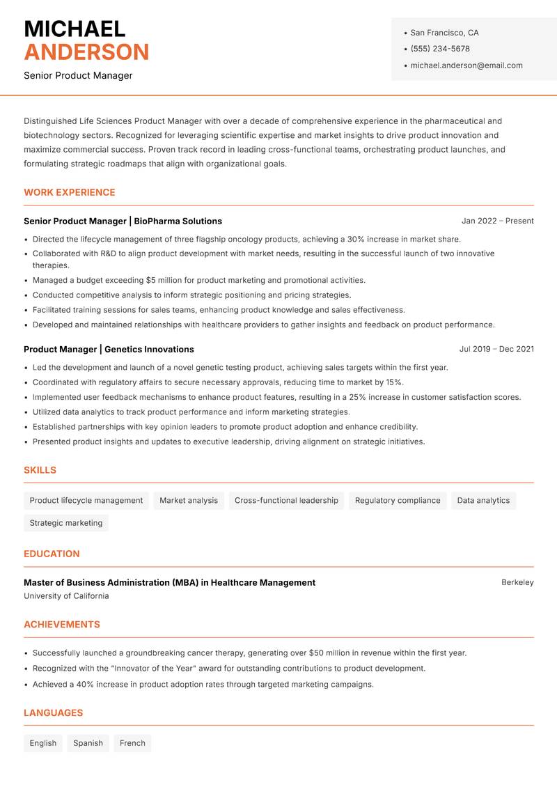 Life Sciences Product Manager resume sample — Senior Product Manager focus