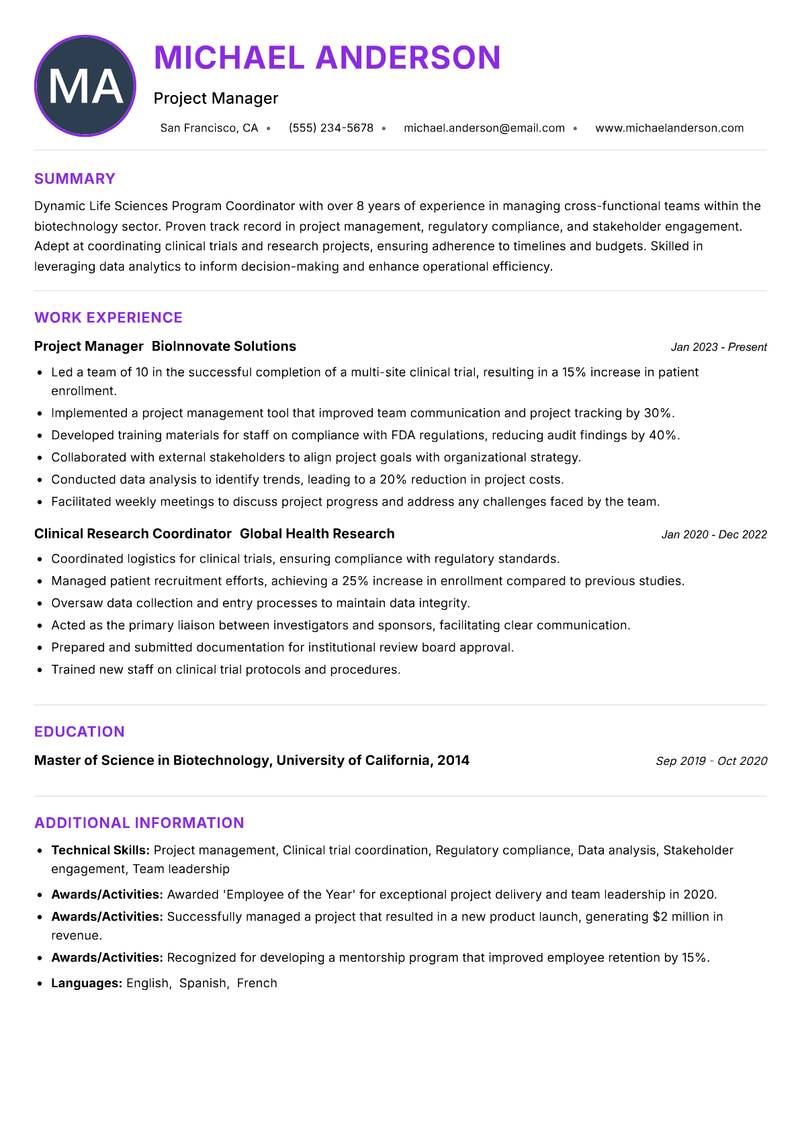 Life Sciences Program Coordinator resume example