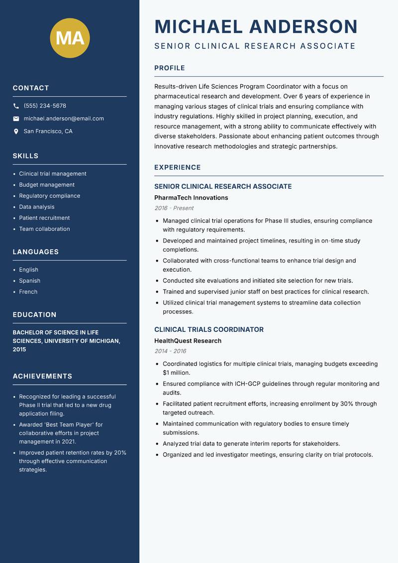 Life Sciences Program Coordinator resume sample — Senior Clinical Research Associate focus