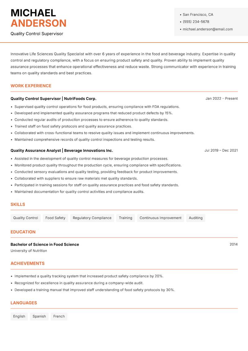Life Sciences Quality Specialist resume sample — Quality Control Supervisor focus
