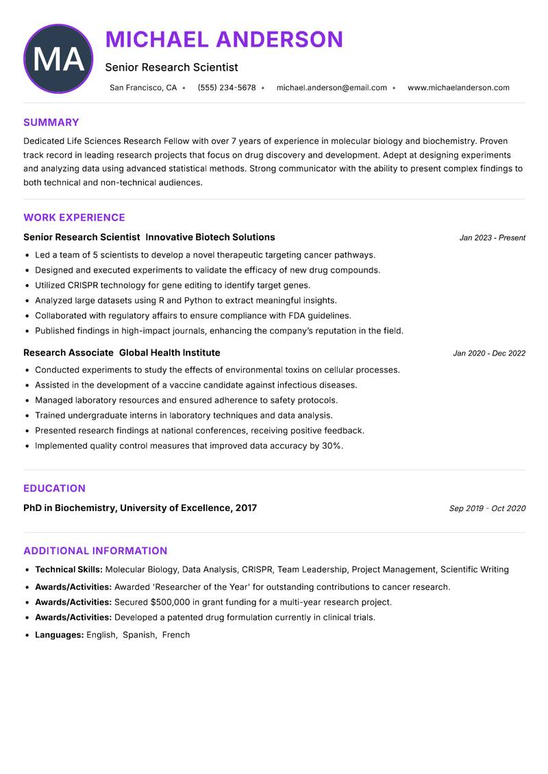 Life Sciences Research Fellow resume example