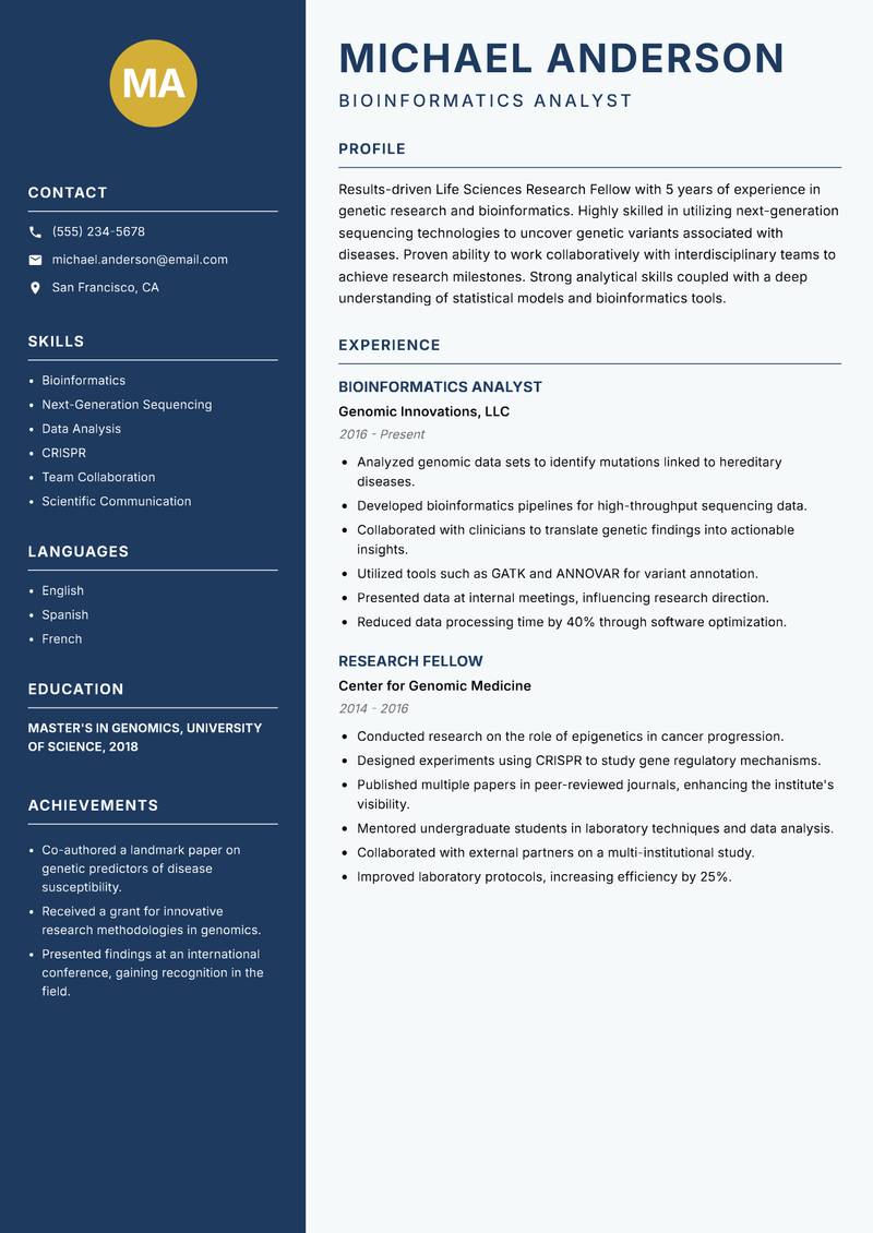 Life Sciences Research Fellow resume sample — Bioinformatics Analyst focus
