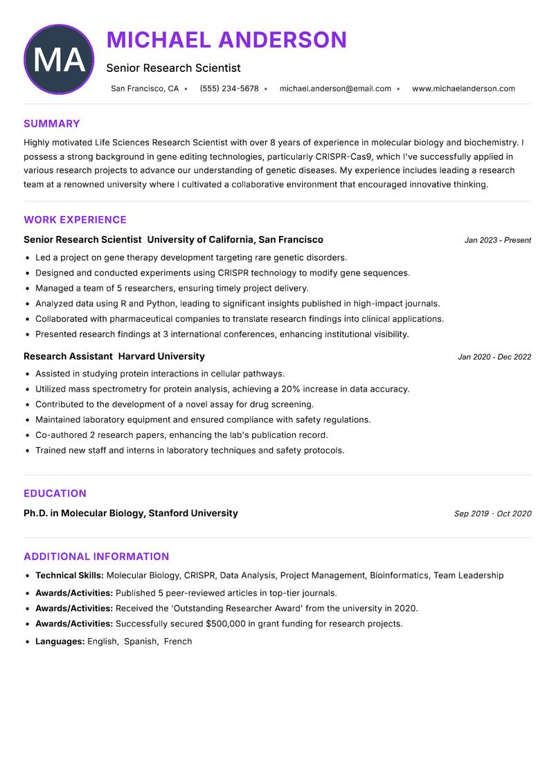 Life Sciences Research Scientist resume example