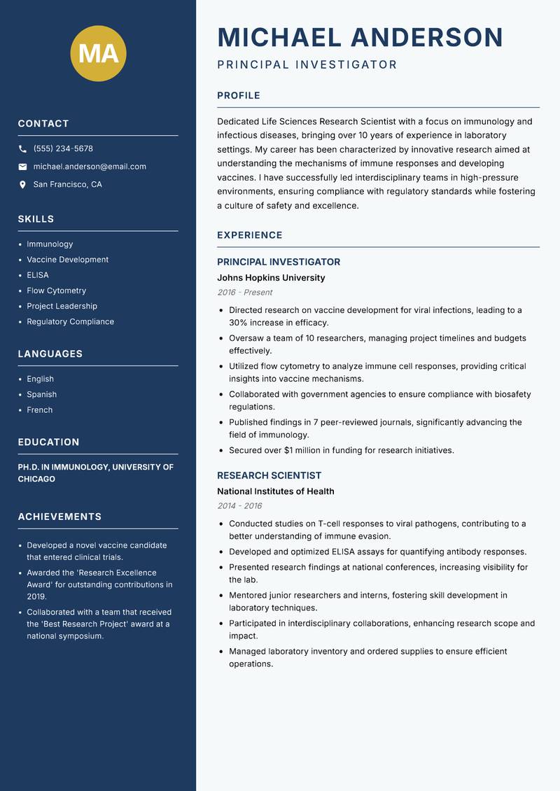 Life Sciences Research Scientist resume sample — Principal Investigator focus
