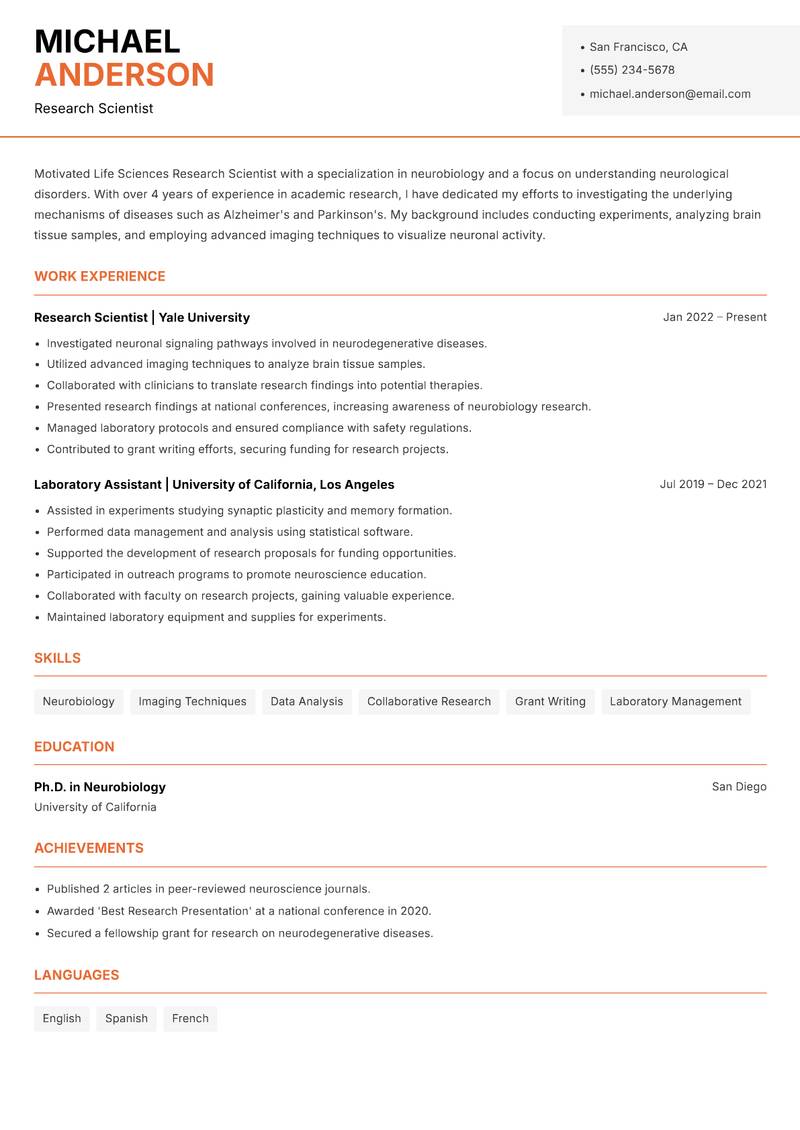 Life Sciences Research Scientist resume sample — Research Scientist focus
