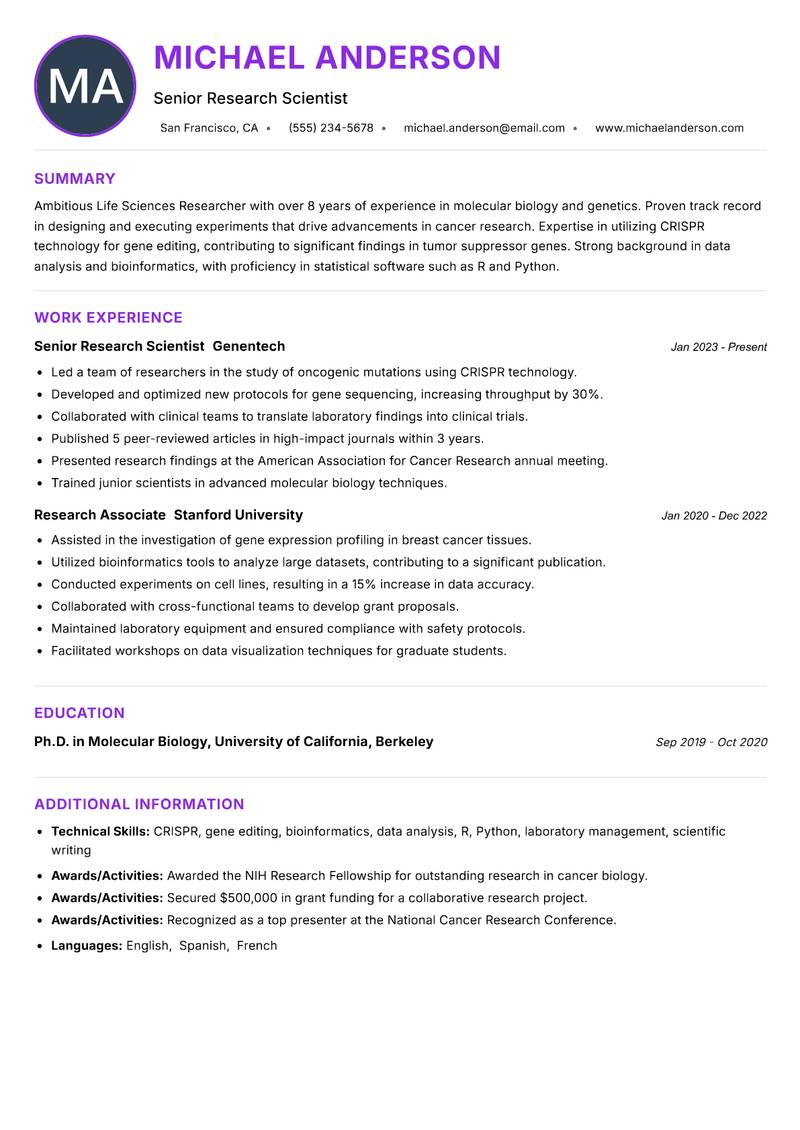 Life Sciences Researcher resume example