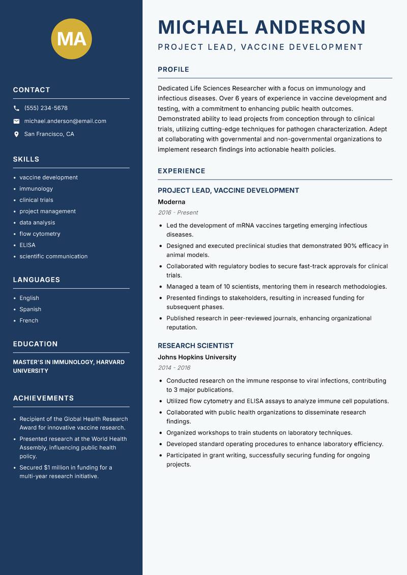 Life Sciences Researcher resume sample — Project Lead, Vaccine Development focus