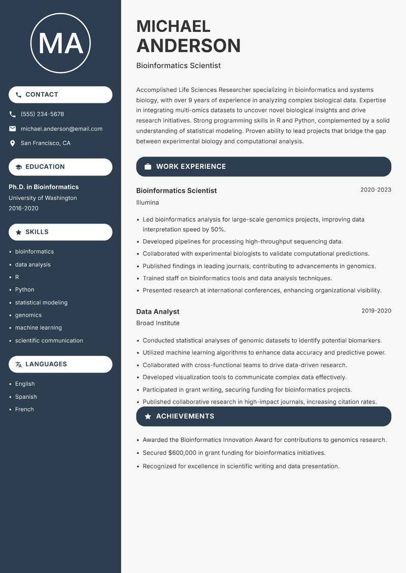 Life Sciences Researcher resume sample — Bioinformatics Scientist focus