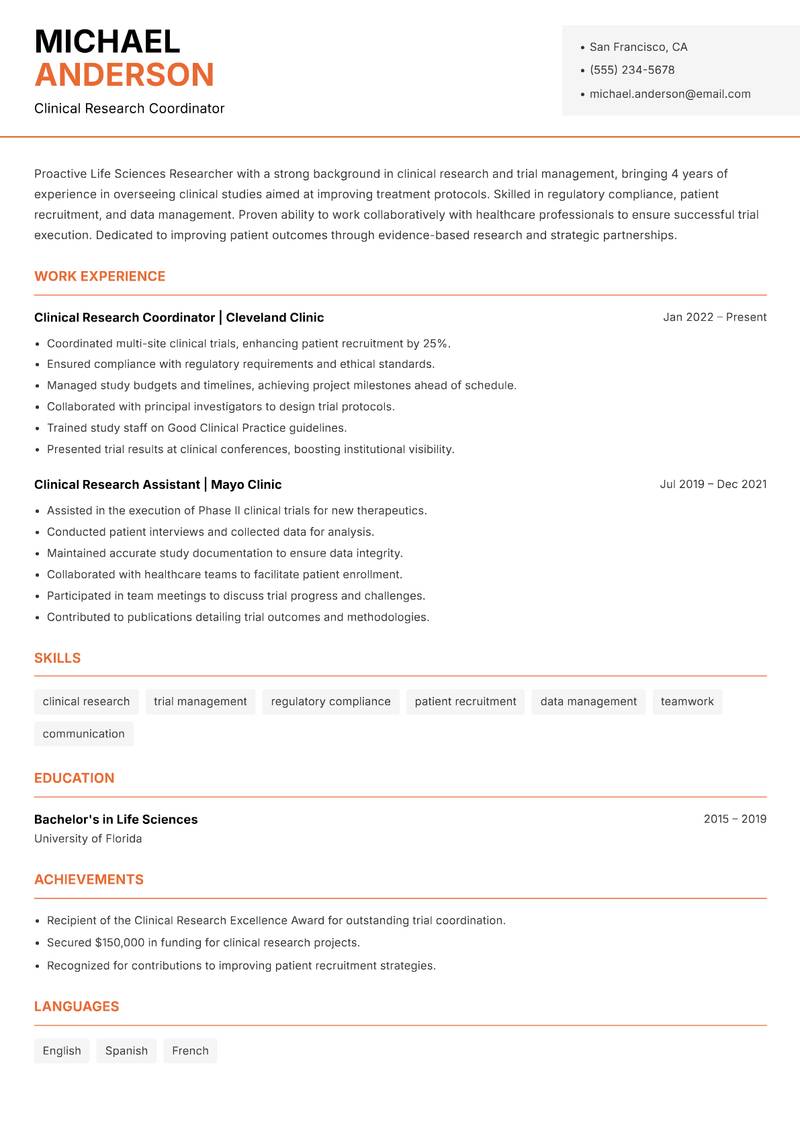 Life Sciences Researcher resume sample — Clinical Research Coordinator focus