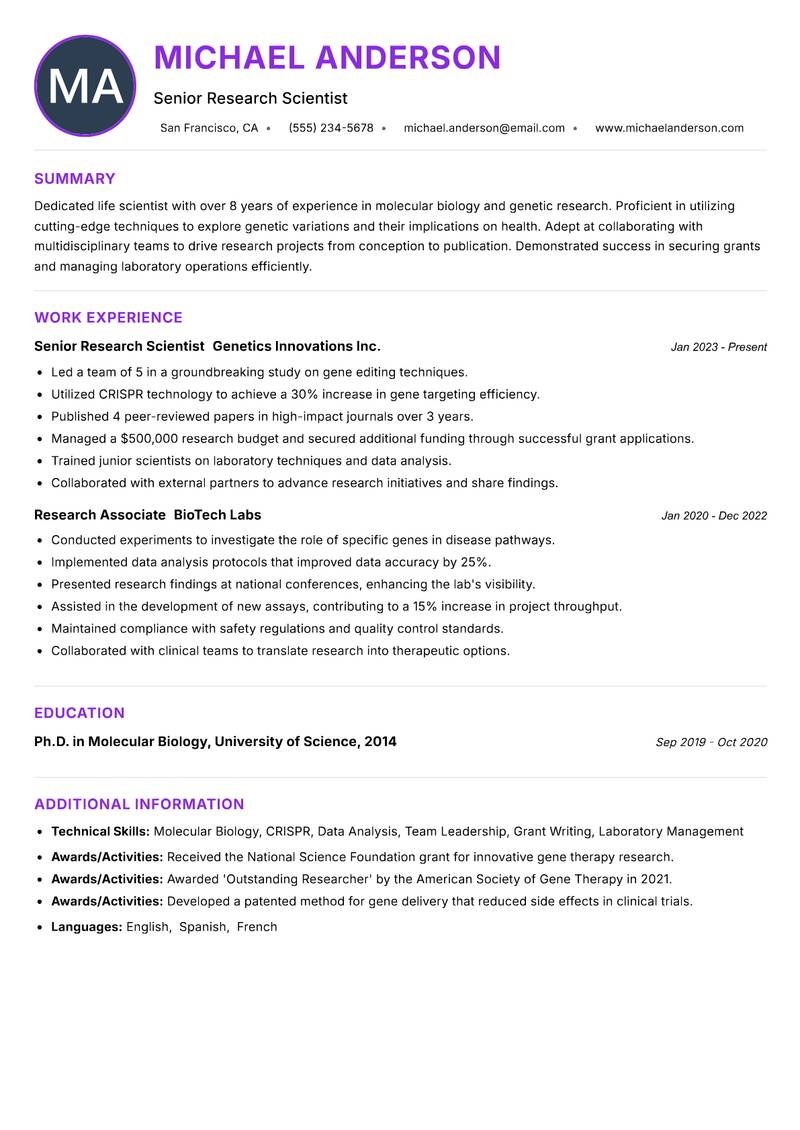 Life Scientist resume example