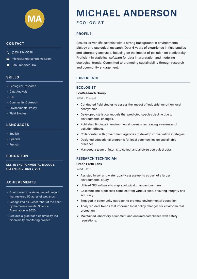Life Scientist resume sample — Ecologist focus