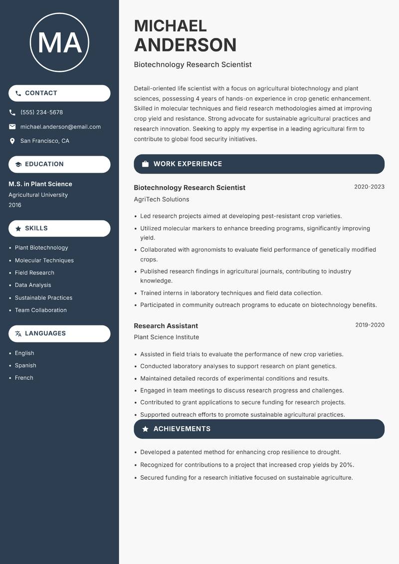 Life Scientist resume sample — Biotechnology Research Scientist focus