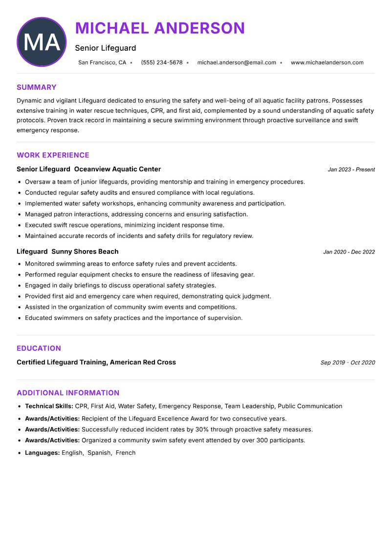 Lifeguard resume example