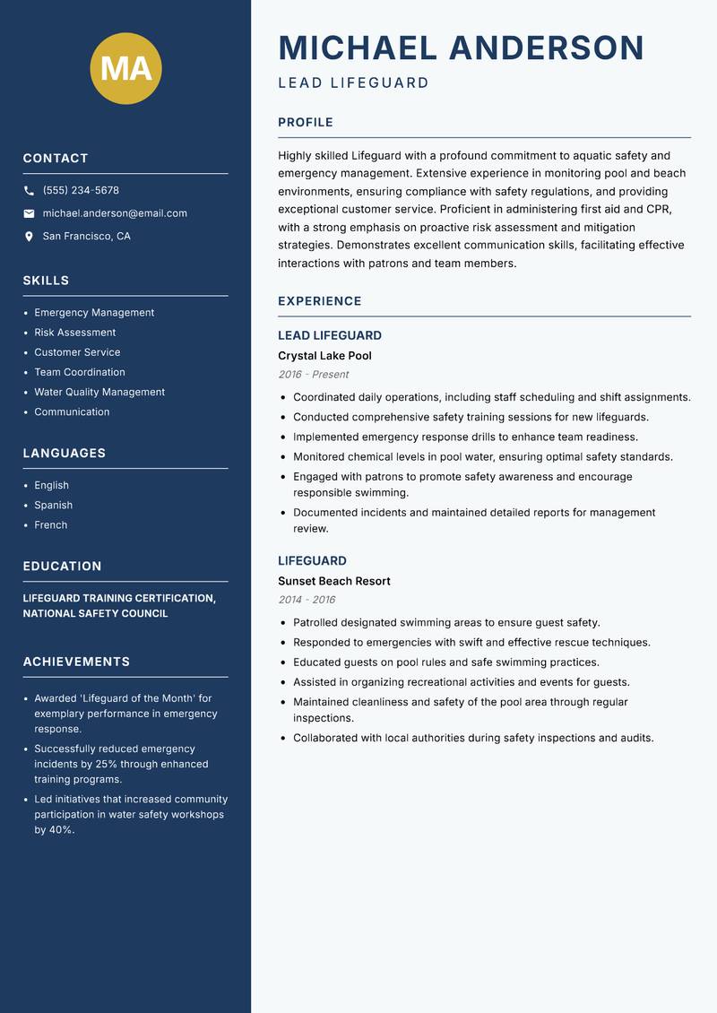 Lifeguard resume sample — Lead Lifeguard focus