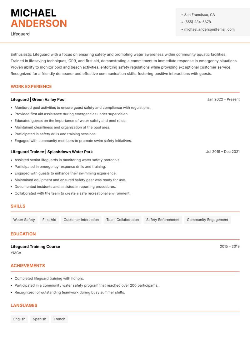 Lifeguard resume sample — Lifeguard focus
