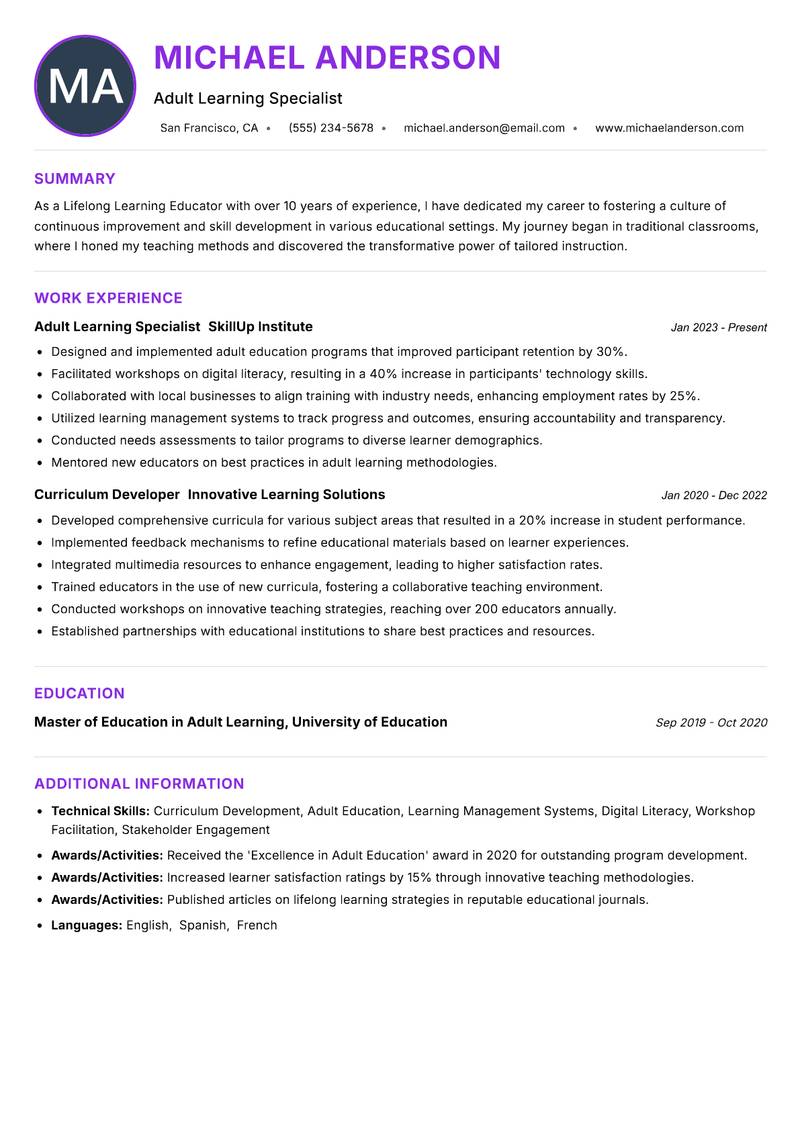 Lifelong Learning Educator resume example