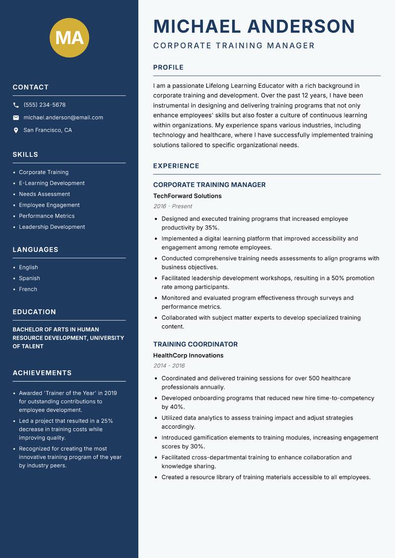 Lifelong Learning Educator resume sample — Corporate Training Manager focus