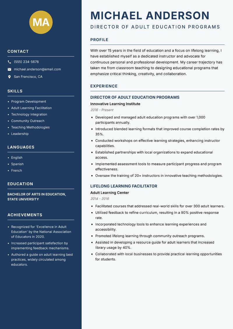Lifelong Learning Instructor resume sample — Director of Adult Education Programs focus