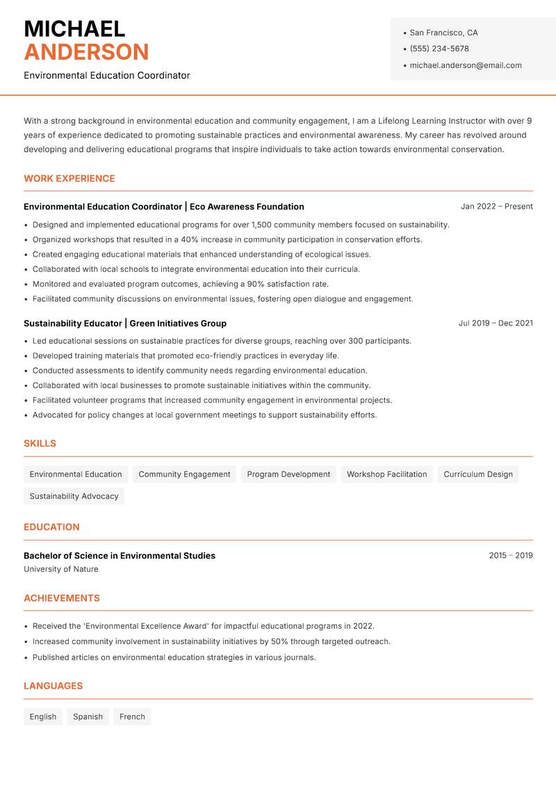 Lifelong Learning Instructor resume sample — Environmental Education Coordinator focus