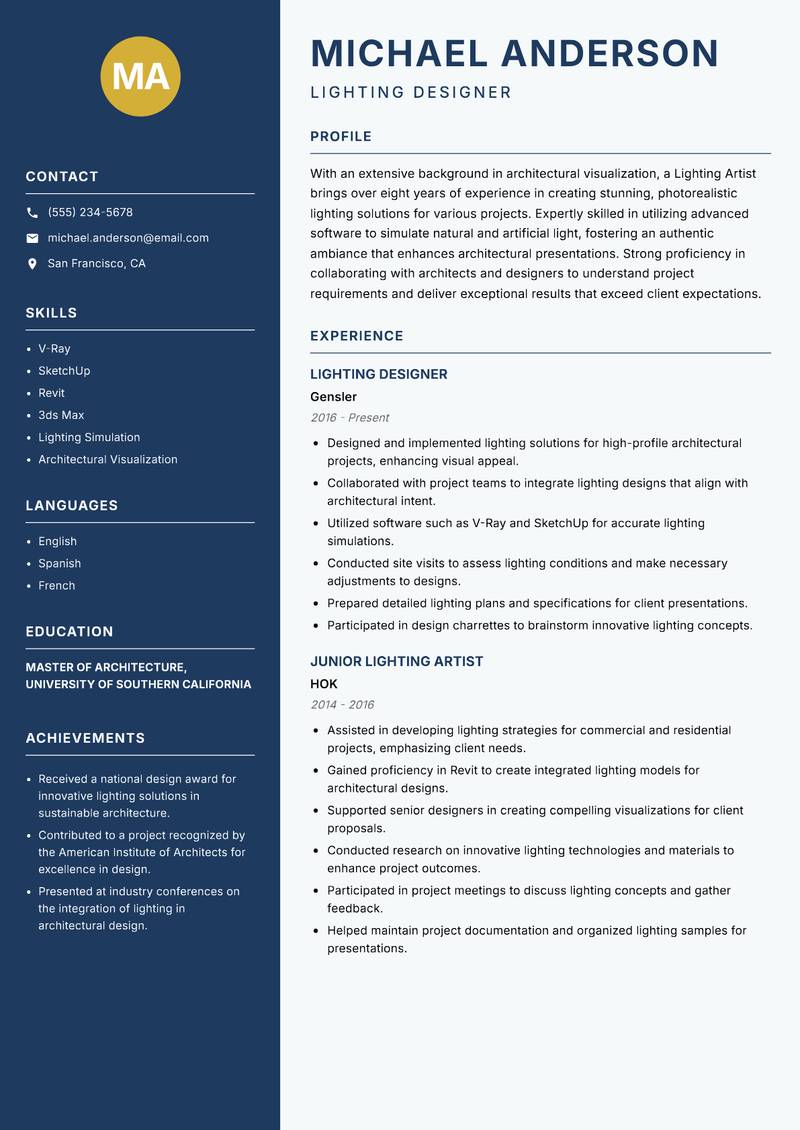 Lighting Artist resume sample — Lighting Designer focus