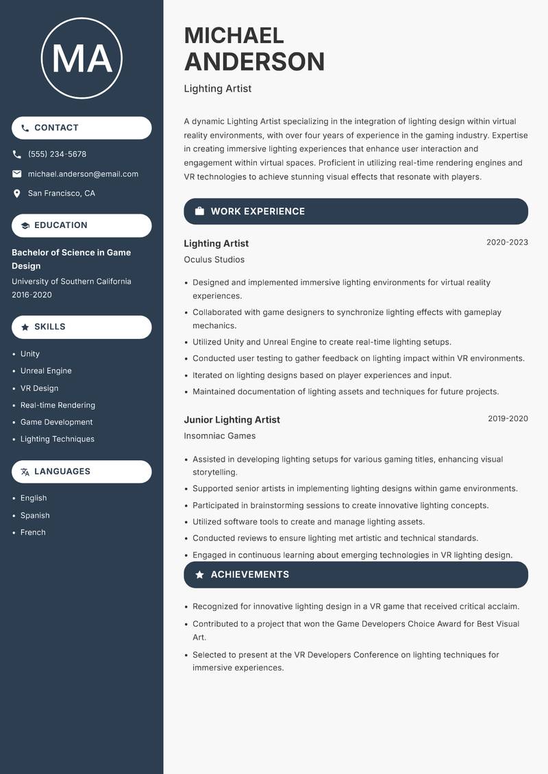 Lighting Artist resume sample — Lighting Artist focus