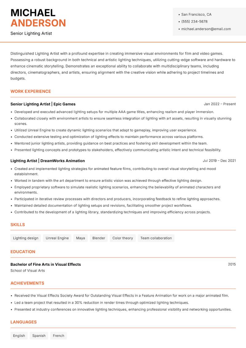 Lighting Artist resume sample — Senior Lighting Artist focus