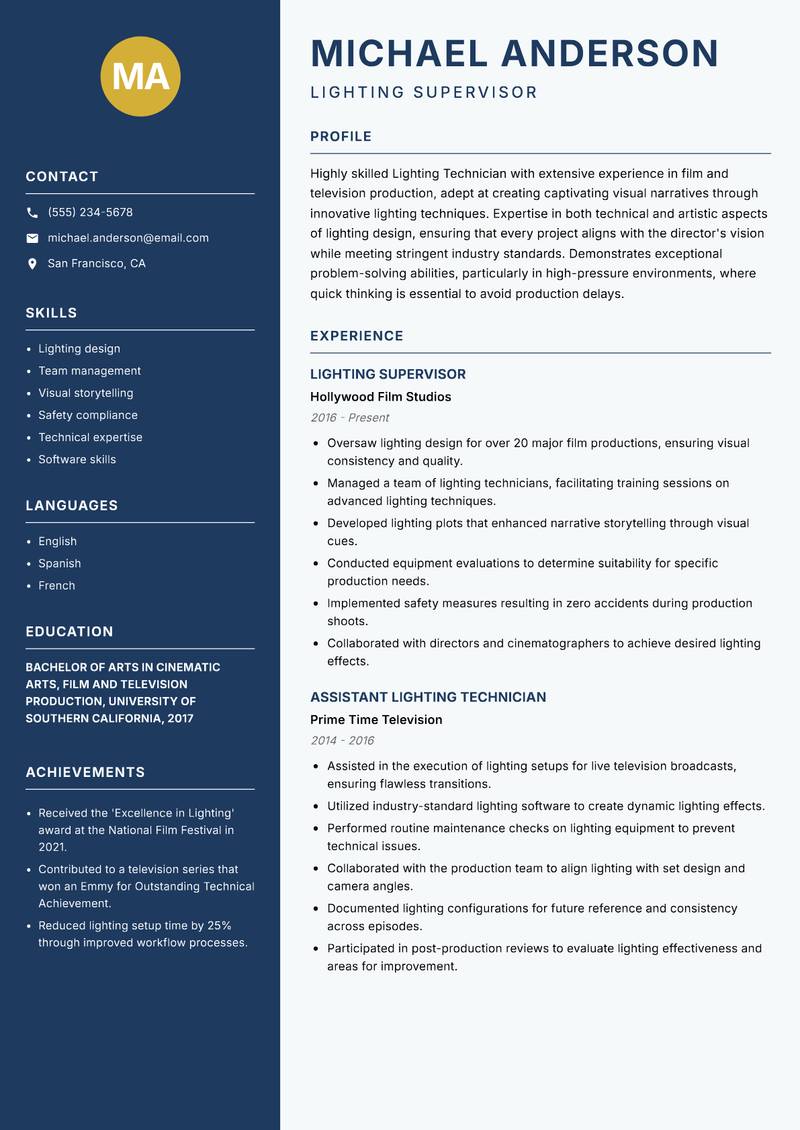 Lighting Technician resume sample — Lighting Supervisor focus