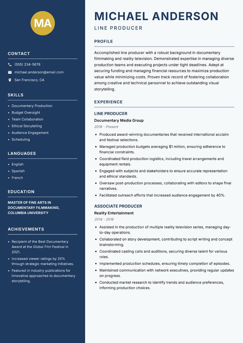 Line Producer resume sample — Line Producer focus