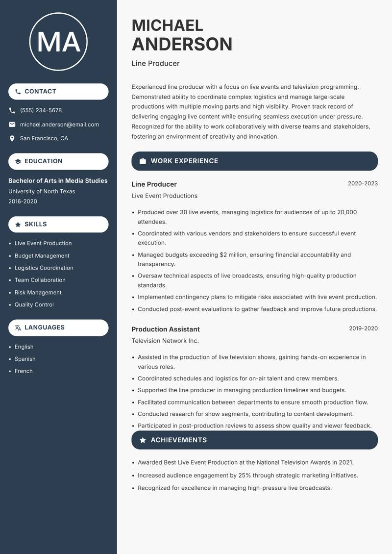 Line Producer resume sample — Line Producer focus