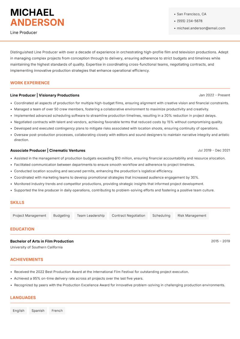 Line Producer resume sample — Line Producer focus