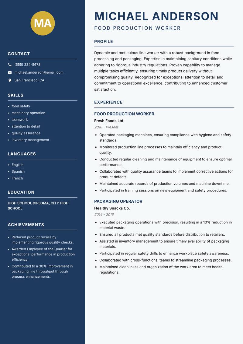 Line Worker resume sample — Food Production Worker focus