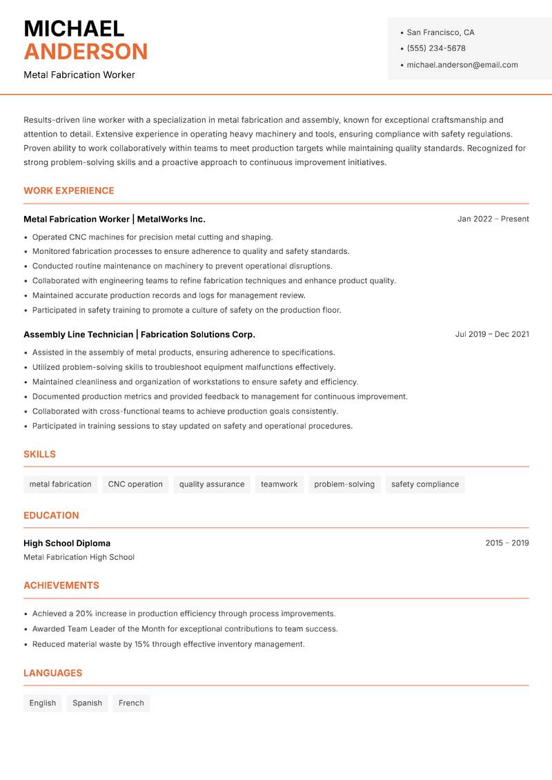 Line Worker resume sample — Metal Fabrication Worker focus
