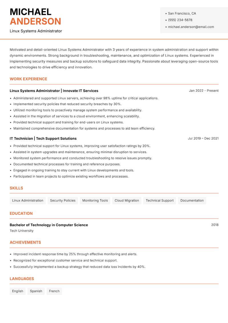 Linux Systems Administrator resume sample — Linux Systems Administrator focus
