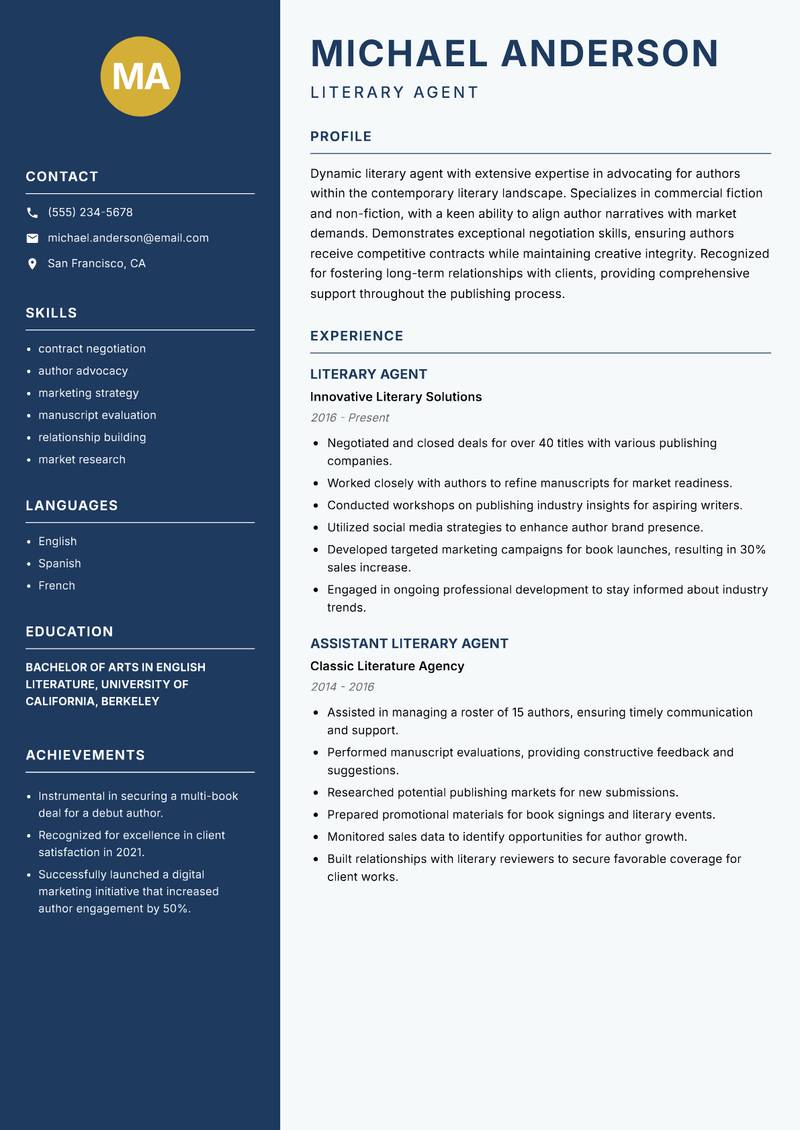 Literary Agent resume sample — Literary Agent focus