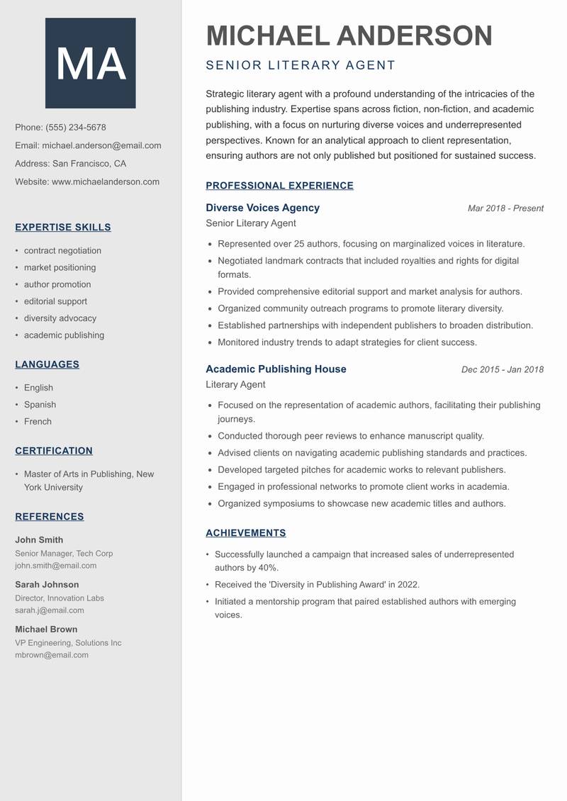 Literary Agent resume sample — Senior Literary Agent focus